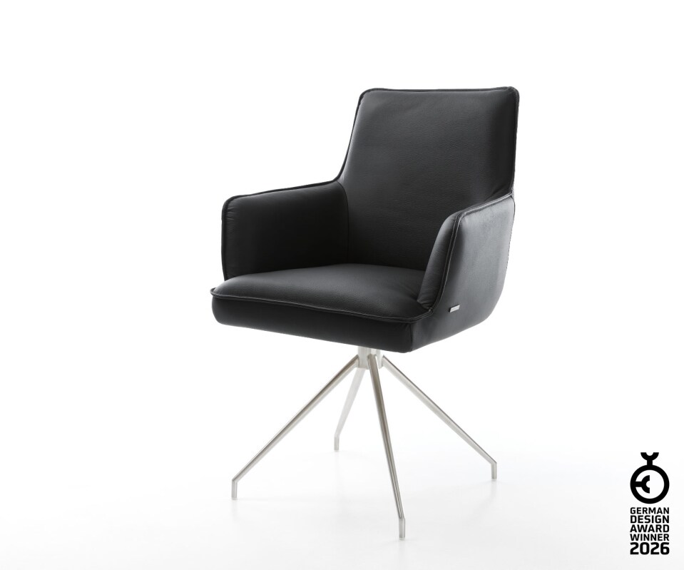 Chaise-pivotante Heira-Flex avec accoudoirs cuir de vache noir pied croisé conique acier inoxydable brossé pivotement sur 180° ressorts ensachés